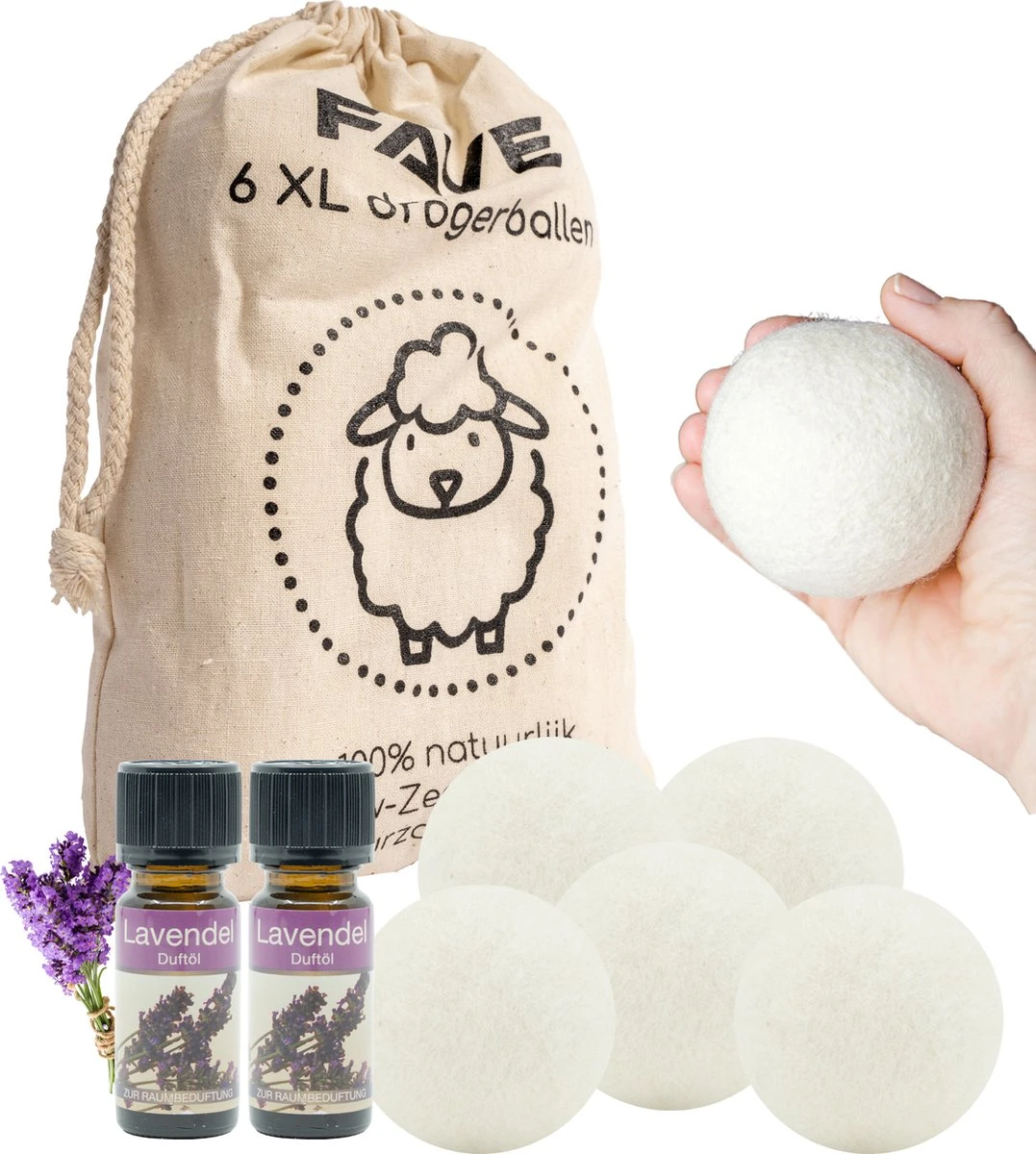 FAVE Drogerballen XL - 6 Stuks - Inclusief 2x Lavendelolie & Opbergzakje - Wasbol - Wasballen - Doseerbol - Droogballen - Duurzaam 1 FAVE Drogerballen XL - 6 Stuks - Inclusief 2x Lavendelolie & Opbergzakje - Wasbol - Wasballen - Doseerbol - Droogballen - Duurzaam