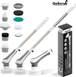 GoScrub® Elektrische Schoonmaakborstel – Elektrische Schrobber - Schrobborstel – Voor Badkamer Of Keuken – Schrobber Met Steel – Luiwagen – Polijstmachine - Poetsmachine Met 10 Opzetstukken