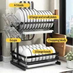 Doogo® Afdruiprek Met Lekbak 2 Laags – Inklapbaar - Muur Hangen Mogelijke - Afwasrek – Met 2 Lekbakken – Extra Accessories Voor Servies En Snijplanken - RVS -Schoonmaakmiddelen Korting 1195x1200 4