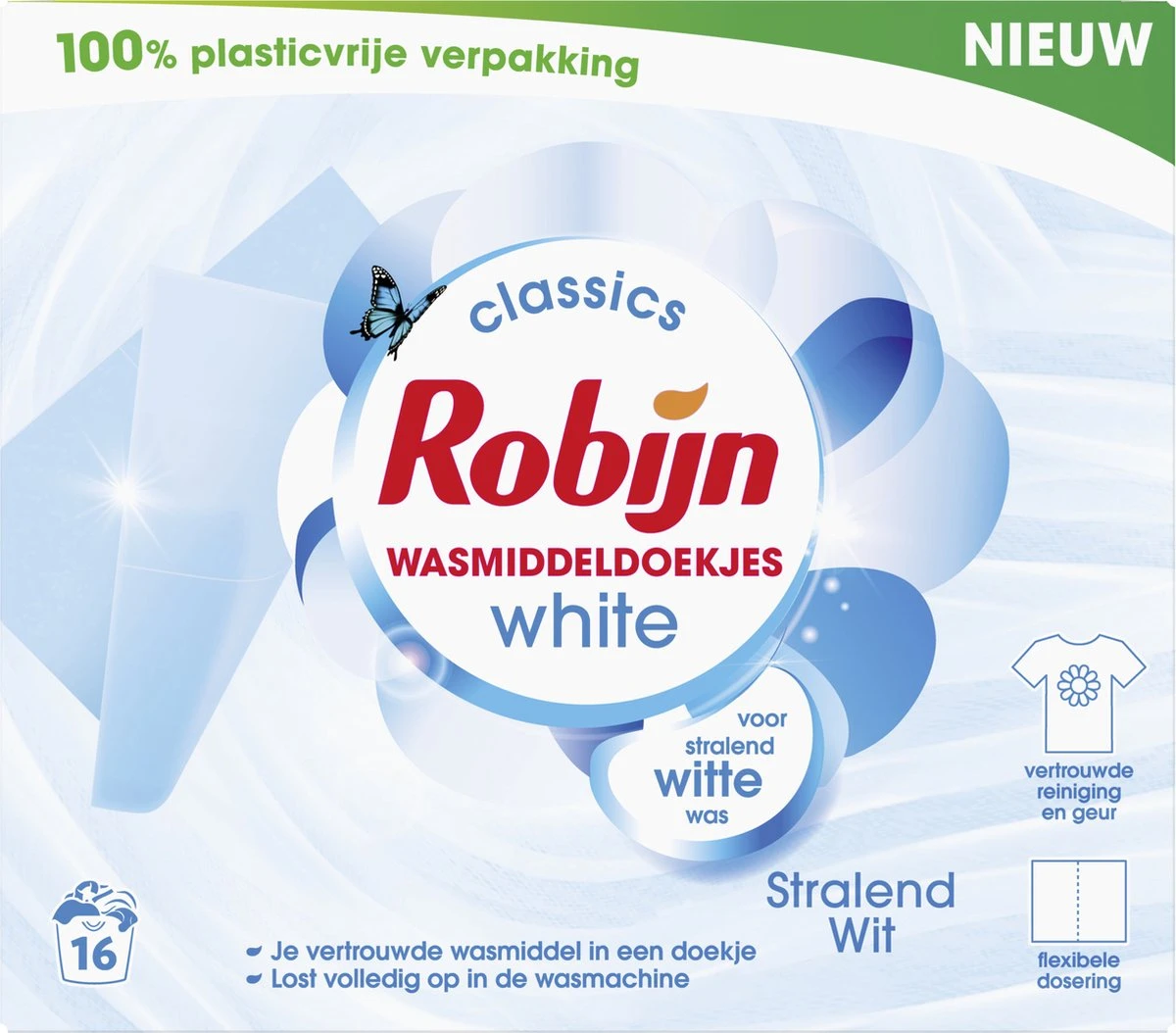 Robijn Classics Stralend Wit Wasmiddeldoekjes 16 Wasstrips 2 Robijn Classics Stralend Wit Wasmiddeldoekjes 16 Wasstrips - Afbeelding 2