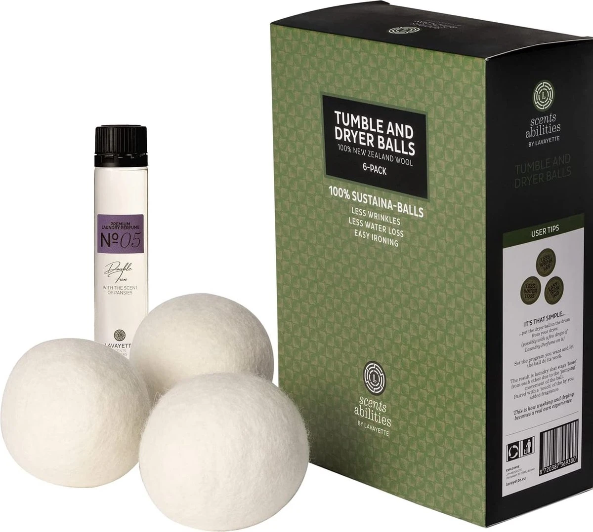 Lavayette XL Drogerballen Met 25ml Wasparfum - WasdrogerBallen – Droogballen – Wasbol – 100% Nieuw-Zeelands Schapenwol – Milieu- En Diervriendelijk – 6 Stuks 1 Lavayette XL Drogerballen Met 25ml Wasparfum - WasdrogerBallen – Droogballen – Wasbol – 100% Nieuw-Zeelands Schapenwol – Milieu- En Diervriendelijk – 6 Stuks