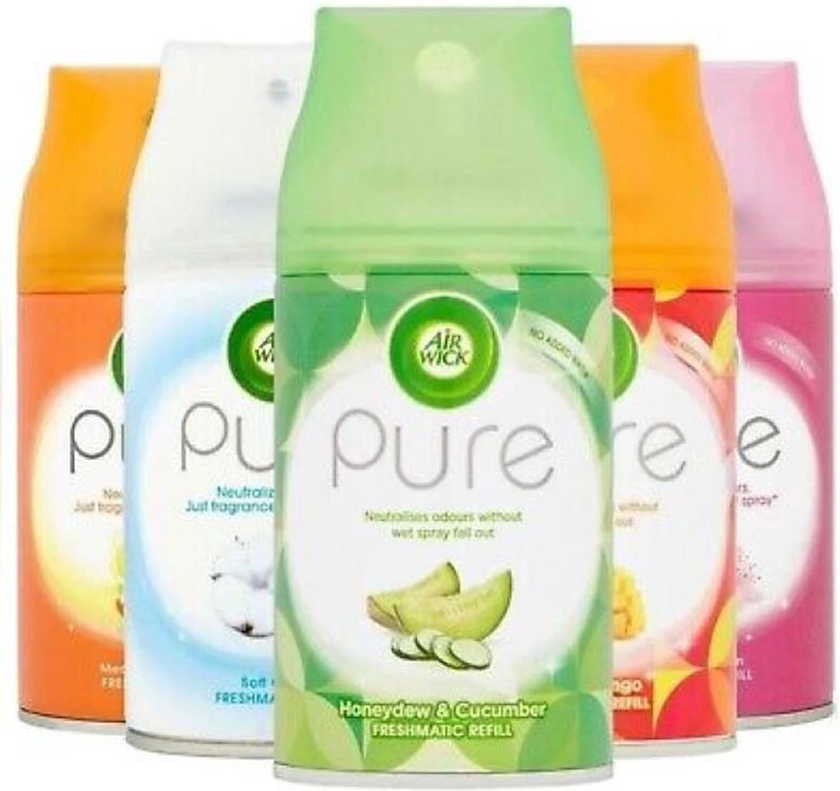AirWick Freshmatic Pure Mix Pakket - Citrus / Pure Cotton / Pure Honeydew & Cucumber / Mango Splash / Pure Kersenbloem 1 AirWick Freshmatic Pure Mix Pakket - Citrus / Pure Cotton / Pure Honeydew & Cucumber / Mango Splash / Pure Kersenbloem