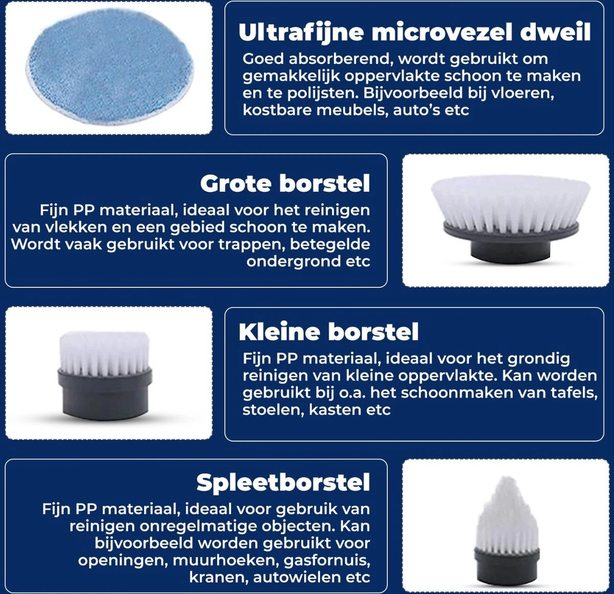 B-care Elektrische Schoonmaakborstel - 4 Opzetstukken - Wasborstel - Poetsmachine - Schrobborstel - Handborstel - Werkborstel - Schrobber - Boorborstel - Schoonmaakmiddelen - Reinigingsborstel 7 B-care Elektrische Schoonmaakborstel - 4 Opzetstukken - Wasborstel - Poetsmachine - Schrobborstel - Handborstel - Werkborstel - Schrobber - Boorborstel - Schoonmaakmiddelen - Reinigingsborstel - Afbeelding 7