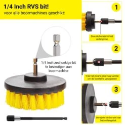Merkloos 4-delige Borstelset Voor Boormachine - Inclusief Verlengstuk - Opzetborstels - Schrobborstel - Schuurborstel - Schoonmaakborstel - Tapijtreiniger - Brush - Geel - Gratis Verzending -Schoonmaakmiddelen Korting 1200x1200 1002