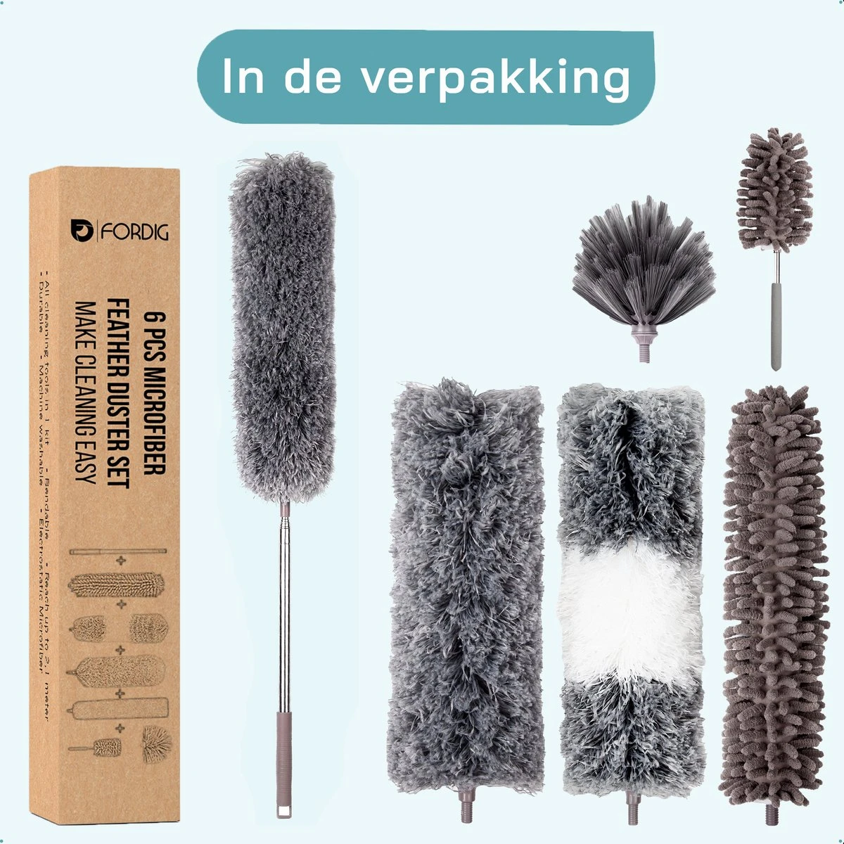ForDig 7-Delige Plumeau Set - Duster Met Telescoopsteel Uitschuifbaar Tot 250 Cm - Inclusief Ragebol / Voegenborstel / Microvezel Doek / Chenille Borstel - Wasbaar - 360 Graden Draaibaar 9 ForDig 7-Delige Plumeau Set - Duster Met Telescoopsteel Uitschuifbaar Tot 250 Cm - Inclusief Ragebol / Voegenborstel / Microvezel Doek / Chenille Borstel - Wasbaar - 360 Graden Draaibaar - Afbeelding 9