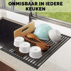 Kitch&Life Afdruiprek Oprolbaar - Mat Zwart - Pannenonderzetter - Afdruipmat - Keukenrek 3-in-1 -Schoonmaakmiddelen Korting 1200x1200 857