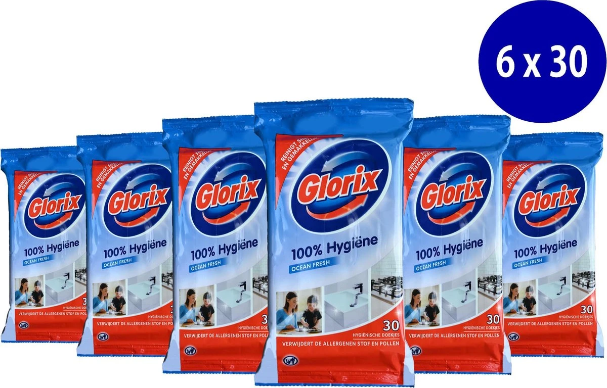 Glorix Doekjes Ocean - 100% Hygiene - 6 X 30 = 180 Vochtige Schoonmaakdoekjes 1 Glorix Doekjes Ocean - 100% Hygiene - 6 X 30 = 180 Vochtige Schoonmaakdoekjes