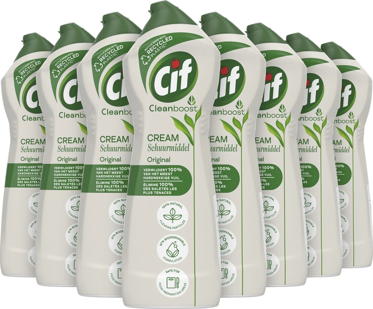 Cif CleanBoost Cream Original Schuurmiddel - 8 X 750 Ml - Voordeelverpakking 1 Cif CleanBoost Cream Original Schuurmiddel - 8 X 750 Ml - Voordeelverpakking