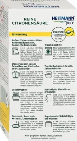 HEITMANN Pure Ontkalker- Citroenzuur Ontkalker, Natuurvriendelijke Kalkreiniger Voor Een Hygiënische Reiniging - Poeder, 1x 350 G -Schoonmaakmiddelen Korting 654x1200